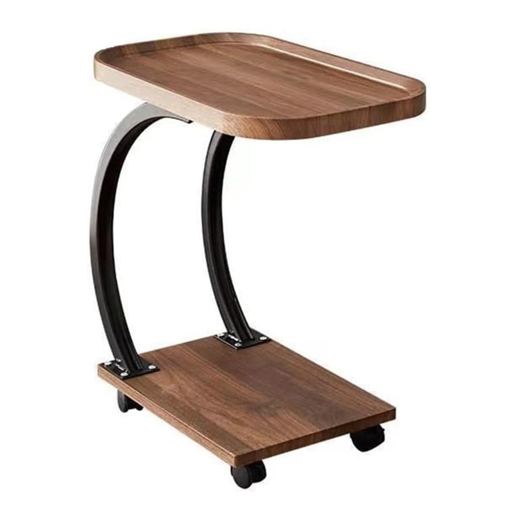 Nordic Wooden Top Side Table with Movable Wheels, 2 Layer C Shaped